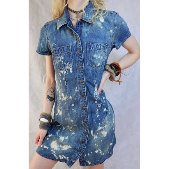 Custom Bleach Tie Dye Jean Denim Button Down Dress - Picture 2 of 6